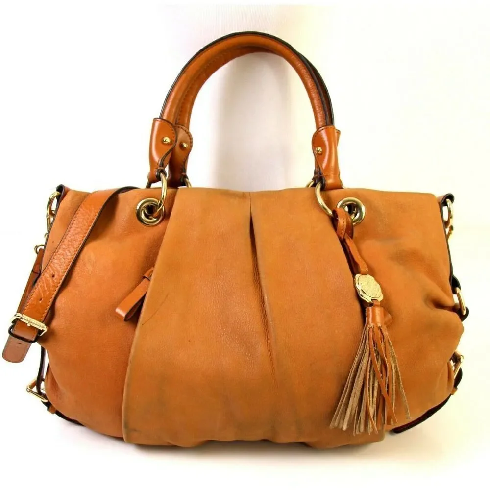 VINCE CAMUTO TAN BROWN GENUINE LEATHER TASSEL SATCHEL HOBO SHOULDER BAG HANDBAG